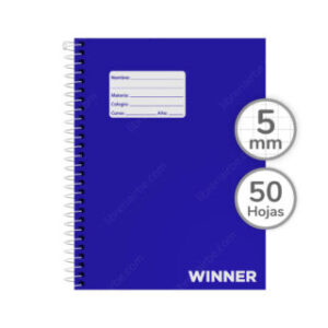 Cuaderno Tamaño Medio Oficio, Espiral de Plástico, Tapa Dura, WINNER, con 50 Hojas Cuadriculadas 5 mm