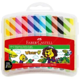 Marcadores Escolares, Jumbo, Lavables, Faber-Castell Winner 47, Set de 12 Colores (2 Neón) con Estuche Rígido de Plástico