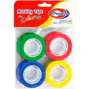 Masking Tape de Colores, Cinta Adhesiva de Papel, Pegafan, Set con 4 Rollos de 10 m x 19 mm (Amarillo, Rojo, Verde, Azul)