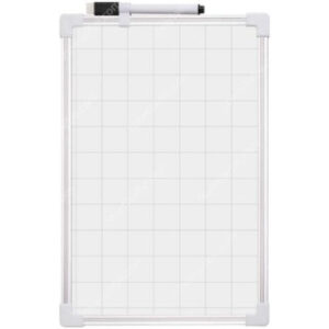 Pizarra Magnética Blanca, Doble Cara (Cuadriculada y Blanca) con Marco de Aluminio + 1 Marcador – 20 x 30 cm