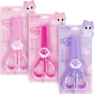 Tijera Escolar Punta Roma de 13 cm, Pequeña, Weibo, con Tapa en Forma de Patita de Gatitos